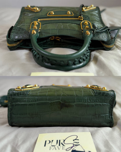 Authentic BALENCIAGA Green Croc-Embossed Leather Mini Classic Metallic Edge City Bag
