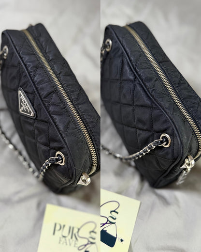 Authentic PRADA Nylon Tessuto Impuntu Quilted Black Bandoliera Mini Top Handle Bag
