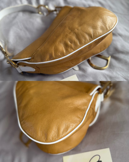 Authentic Vintage Christian Dior by John Galliano Tan Calfskin x White Leather Saddle Bag