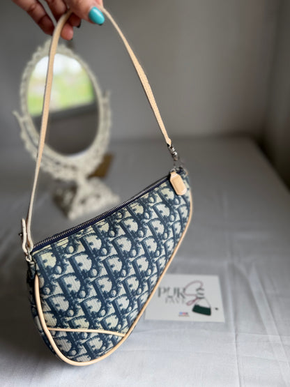 Authentic Vintage CHRISTIAN DIOR Blue Canvas Mini Saddle Pochette Bag