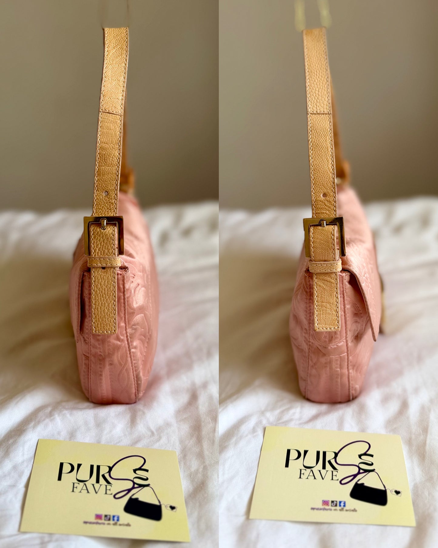 Authentic Vintage Fendi Baguette Pink Silk 3D Embossed Floral Swirl Pattern
