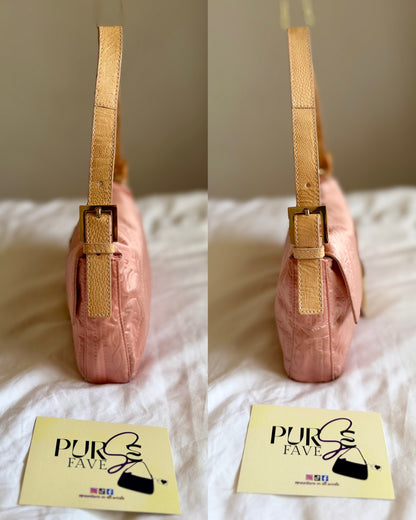 Authentic Vintage Fendi Baguette Pink Silk 3D Embossed Floral Swirl Pattern