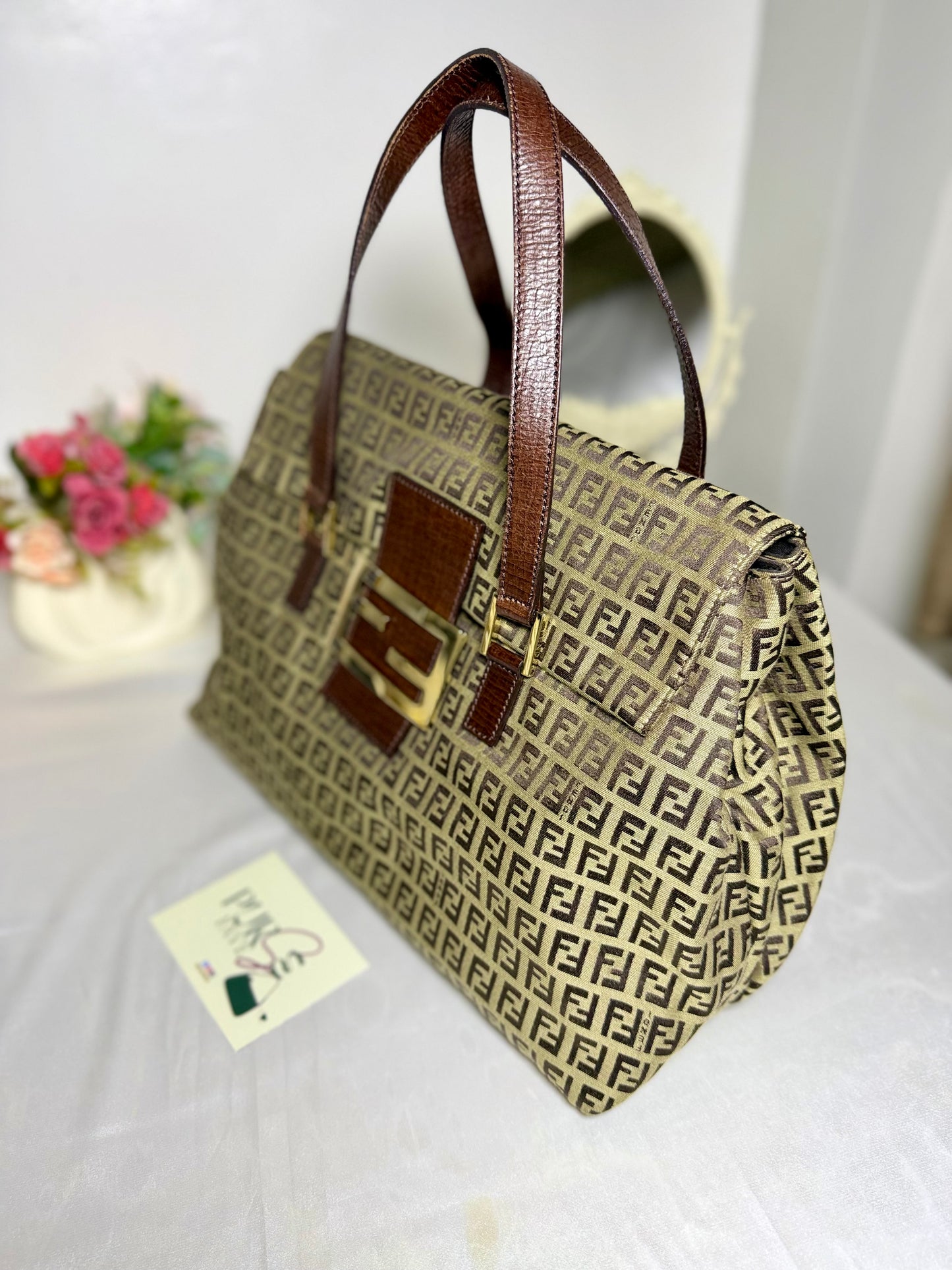 Authentic FENDI Beige / Brown Zucchino Canvas Accordion Large Shopper Tote Bag