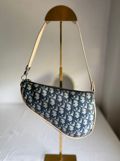 Authentic Vintage CHRISTIAN DIOR Blue Canvas Mini Saddle Pochette Bag