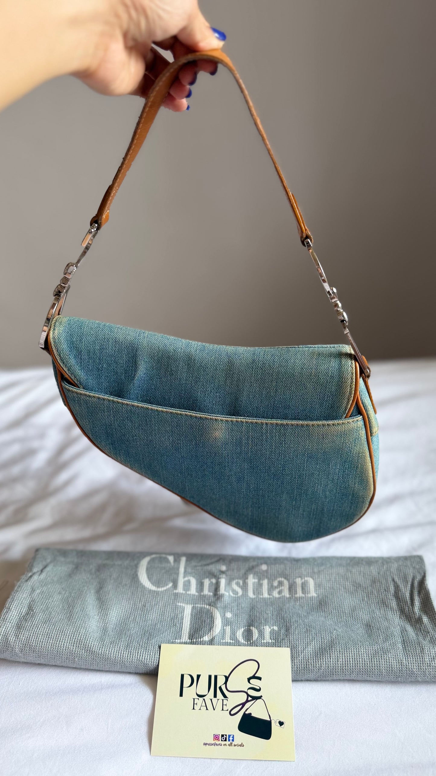 Authentic Vintage Christian Dior Light Blue Denim Saddle Shoulder Bag w/ Embroidered Floral & Butterfly Motifs