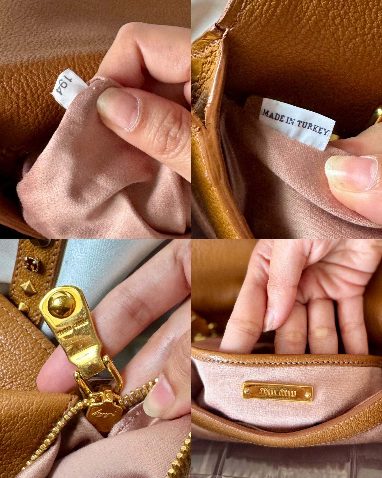 Authentic MIU MIU Madras Ribbon Camel Brown Leather Crystal Studs Embellished Shoulder Crossbody Bag