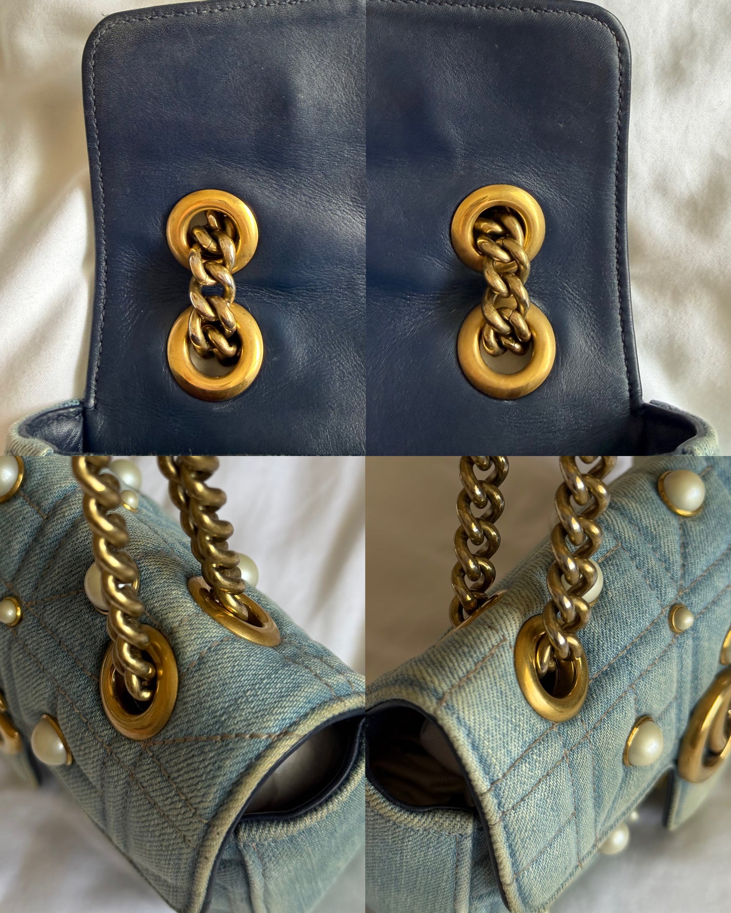 Authentic Gucci GG Marmont Matelassé Pearl Studded Blue Denim Shoulder Crossbody Bag