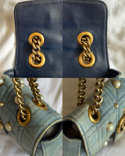 Authentic Gucci GG Marmont Matelassé Pearl Studded Blue Denim Shoulder Crossbody Bag
