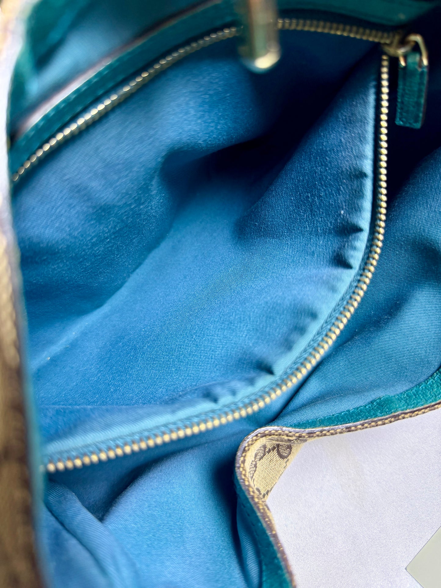 Authentic GUCCI Jackie 1961 Medium Beige GG Canvas x Teal Leather Trims Hobo Shoulder Bag