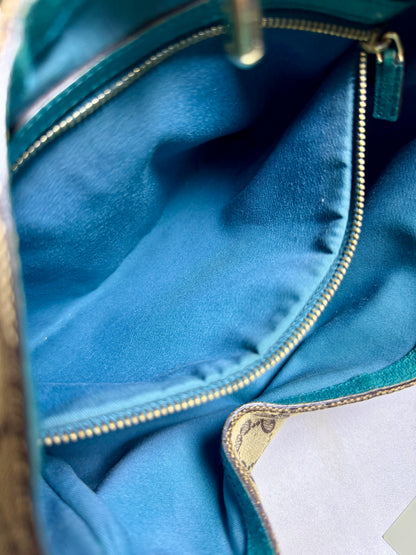 Authentic GUCCI Jackie 1961 Medium Beige GG Canvas x Teal Leather Trims Hobo Shoulder Bag