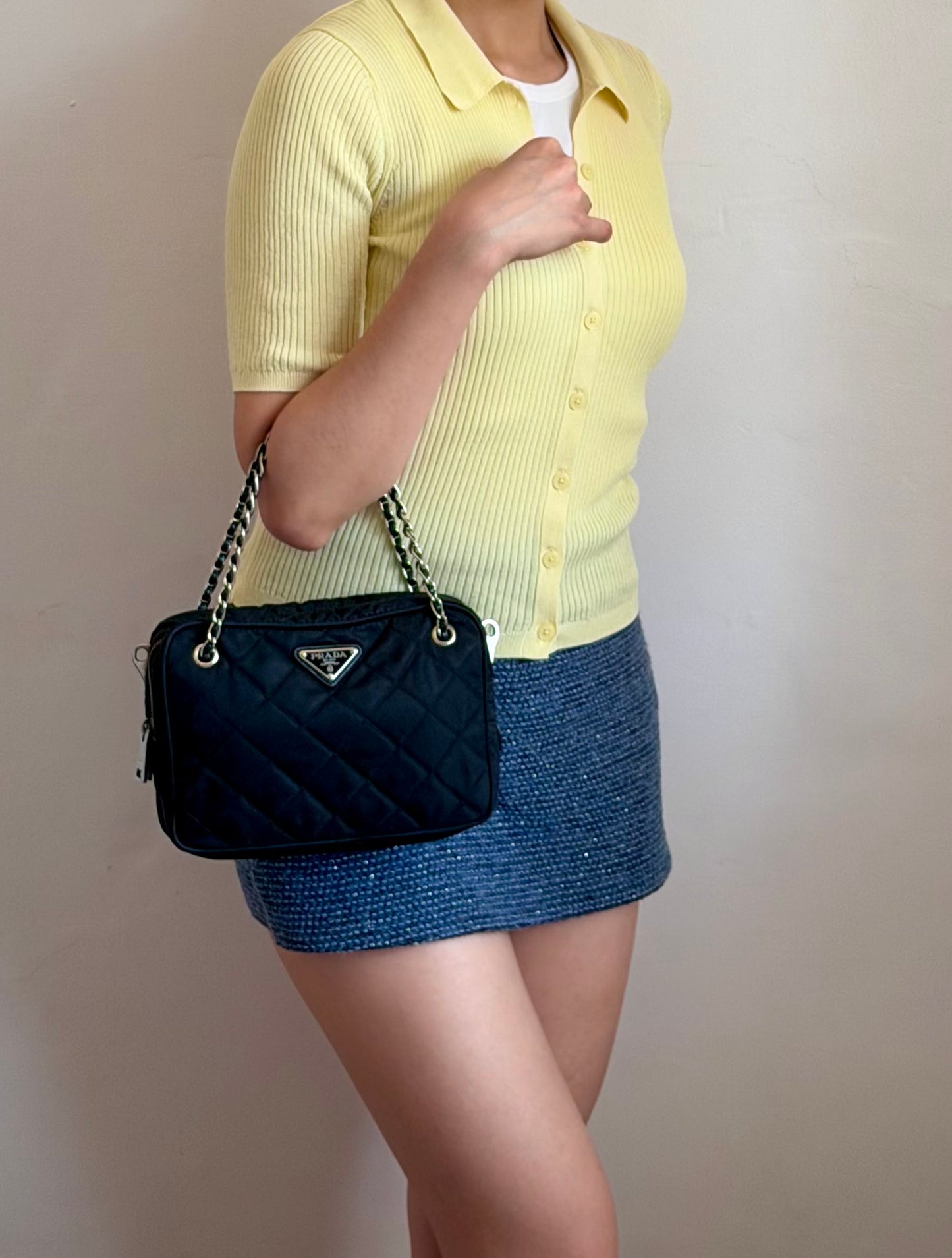 Authentic PRADA Nylon Tessuto Impuntu Quilted Black Bandoliera Mini Top Handle Bag