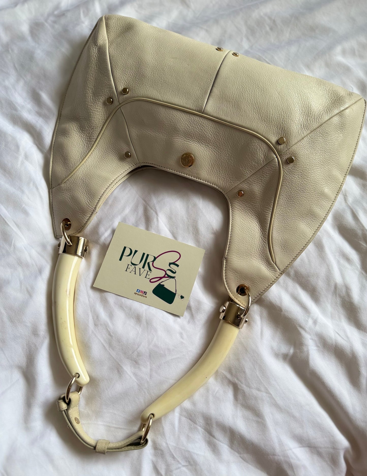 Authentic YVES SAINT LAURENT Mombasa Double Horn Cream Leather Shoulder Bag