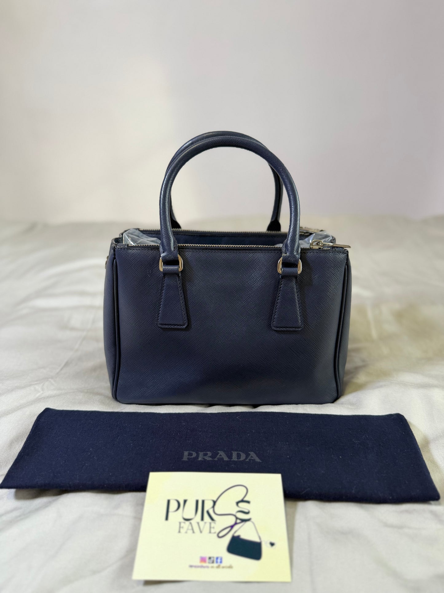 Authentic PRADA Saffiano Lux Galleria Navy Blue Mini Double Zip Tote Crossbody