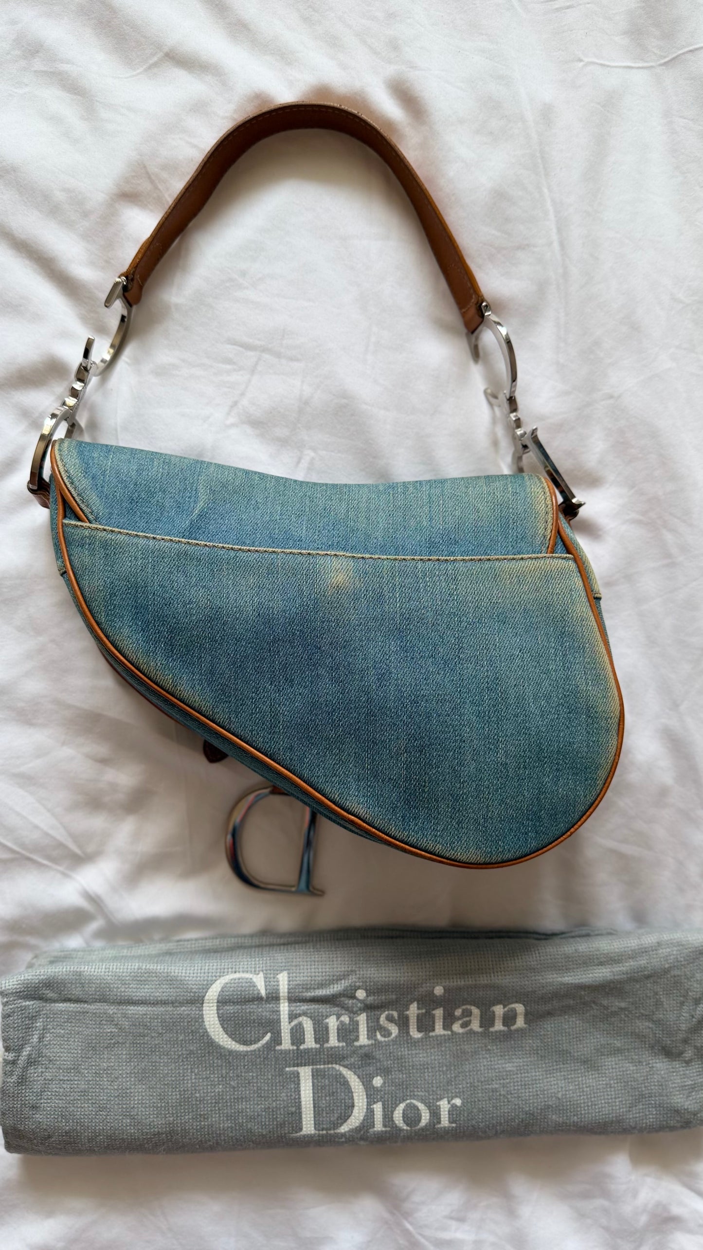 Authentic Vintage Christian Dior Light Blue Denim Saddle Shoulder Bag w/ Embroidered Floral & Butterfly Motifs