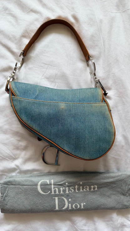 Authentic Vintage Christian Dior Light Blue Denim Saddle Shoulder Bag w/ Embroidered Floral & Butterfly Motifs