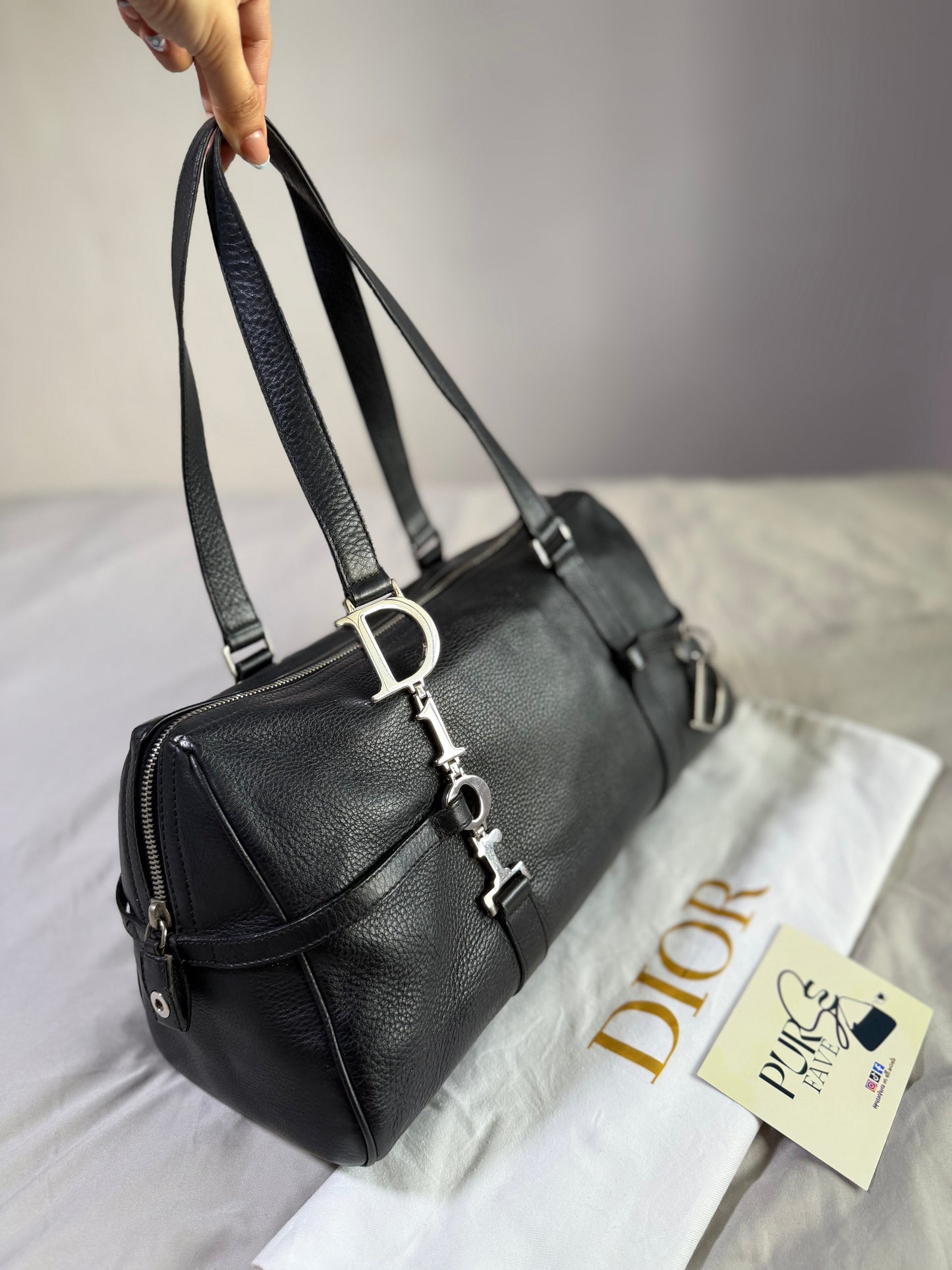 Authentic CHRISTIAN DIOR Spellout D-Charm Black Leather Bowler Boston Shoulder Bag