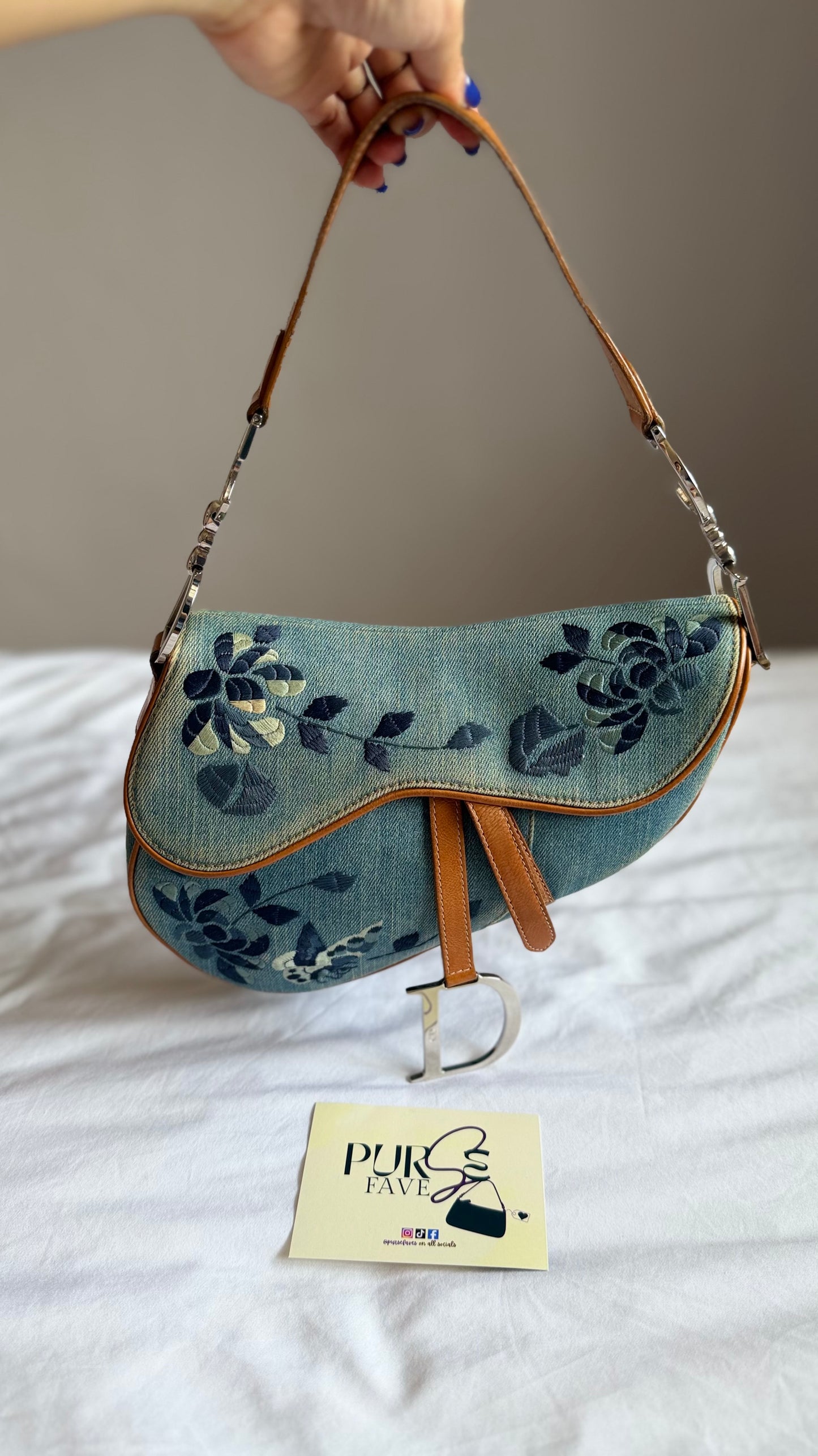 Authentic Vintage Christian Dior Light Blue Denim Saddle Shoulder Bag w/ Embroidered Floral & Butterfly Motifs