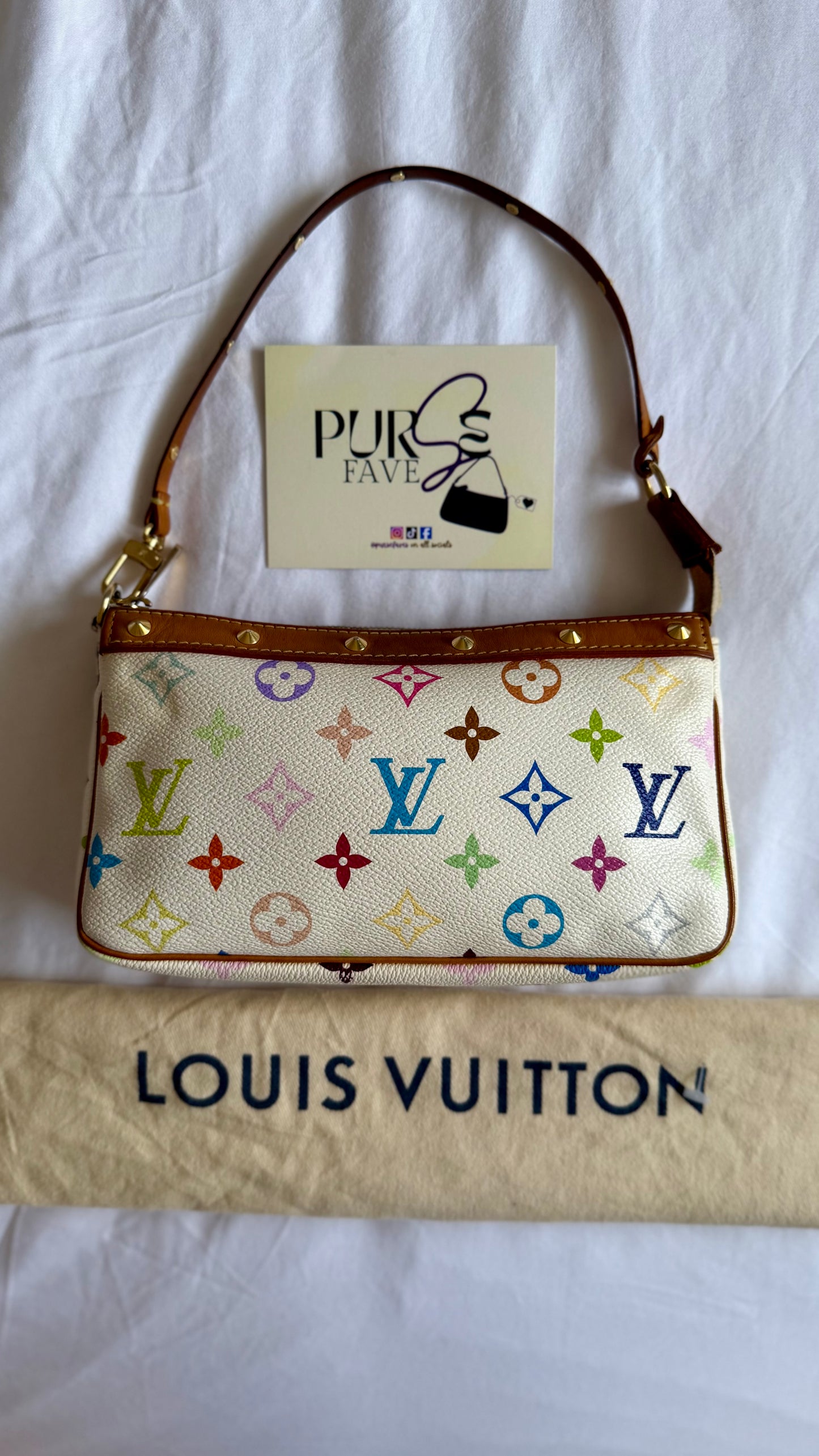 Authentic LOUIS VUITTON × TAKASHI MURAKAMI White Multicolor Pochette Shoulder Bag