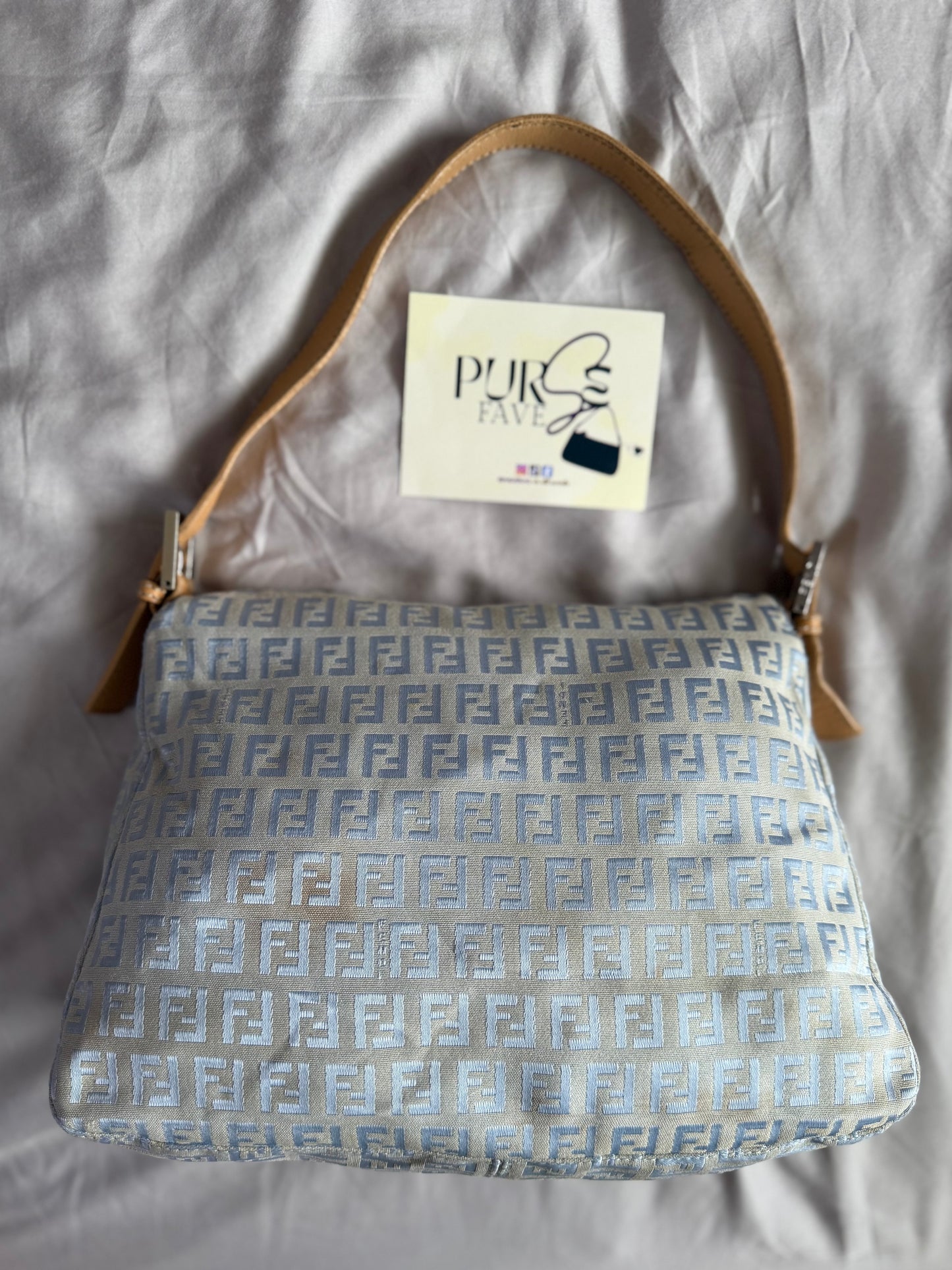 Authentic Vintage Fendi Light Blue Zucchino Canvas Mamma Baguette Shoulder Bag