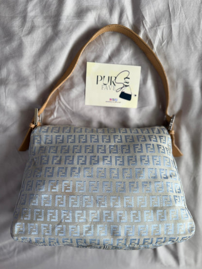 Authentic Vintage Fendi Light Blue Zucchino Canvas Mamma Baguette Shoulder Bag