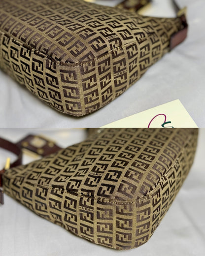 Authentic FENDI Beige / Brown Zucchino Canvas Hobo Trimmed Mamma Baguette Shoulder Bag