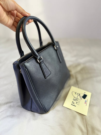 Authentic PRADA Saffiano Lux Galleria Navy Blue Mini Double Zip Tote Crossbody