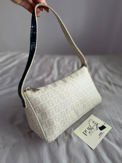 Authentic Vintage Fendi White Zucchino Coated Canvas East-West Shoulder Bag