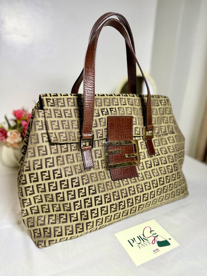 Authentic FENDI Beige / Brown Zucchino Canvas Accordion Large Shopper Tote Bag