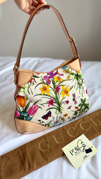 Authentic Vintage GUCCI Hasler Horsebit Flora Canvas Hobo Shoulder Bag
