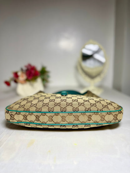 Authentic GUCCI Jackie 1961 Medium Beige GG Canvas x Teal Leather Trims Hobo Shoulder Bag
