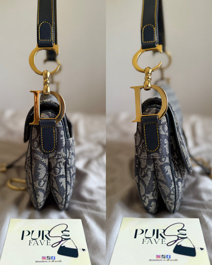 Authentic Vintage Christian Dior by John Galliano Navy Trotter Oblique Canvas Double Saddle Bag