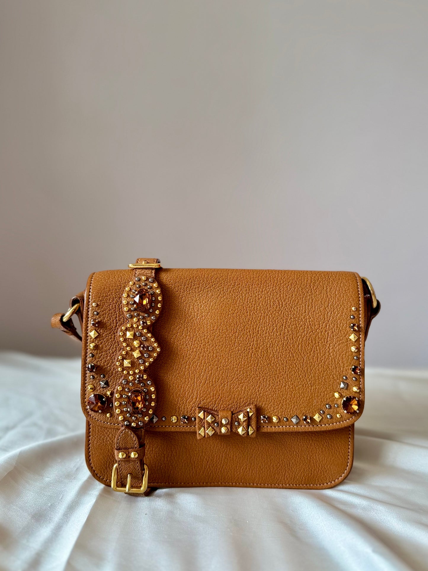 Authentic MIU MIU Madras Ribbon Camel Brown Leather Crystal Studs Embellished Shoulder Crossbody Bag