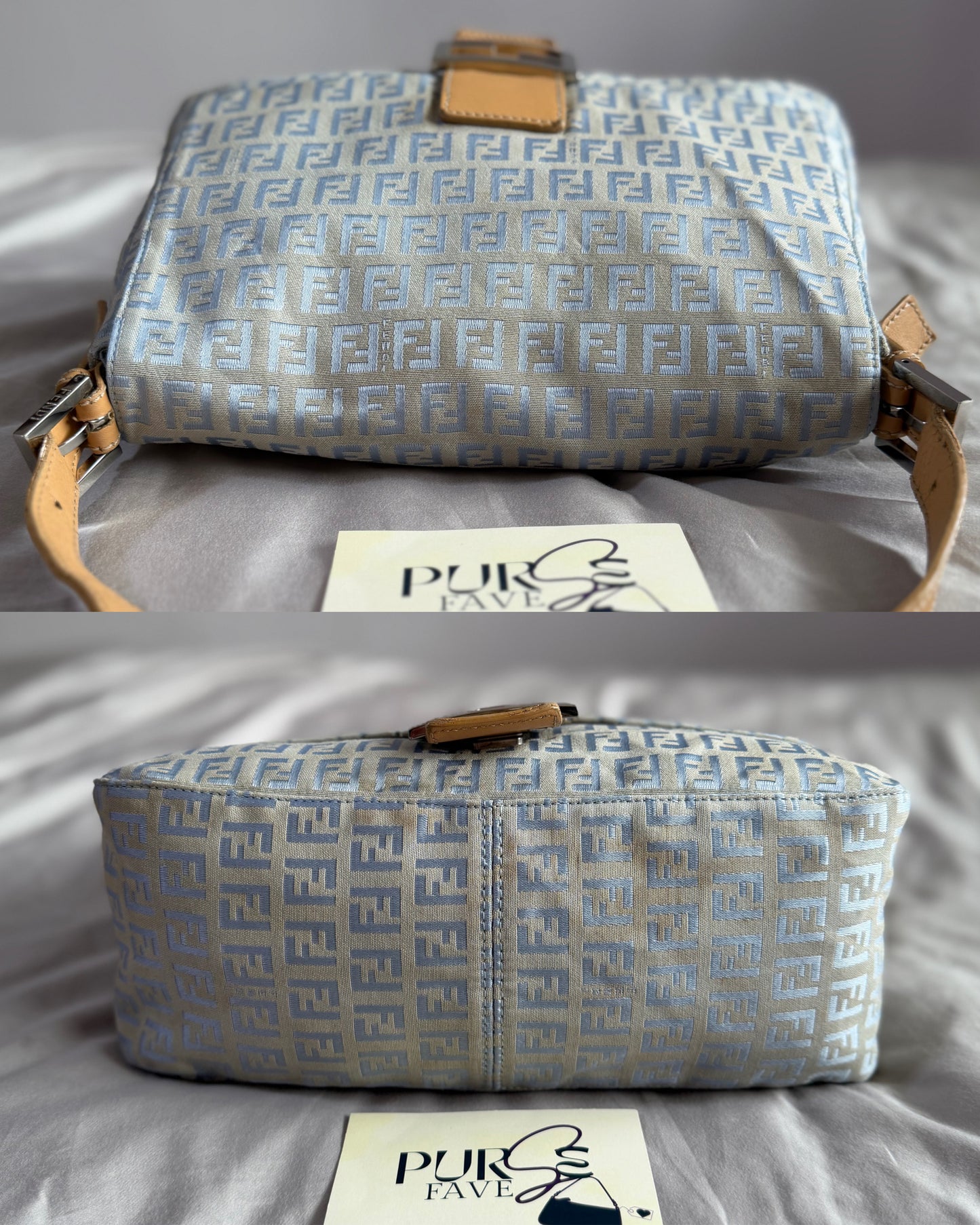 Authentic Vintage Fendi Light Blue Zucchino Canvas Mamma Baguette Shoulder Bag
