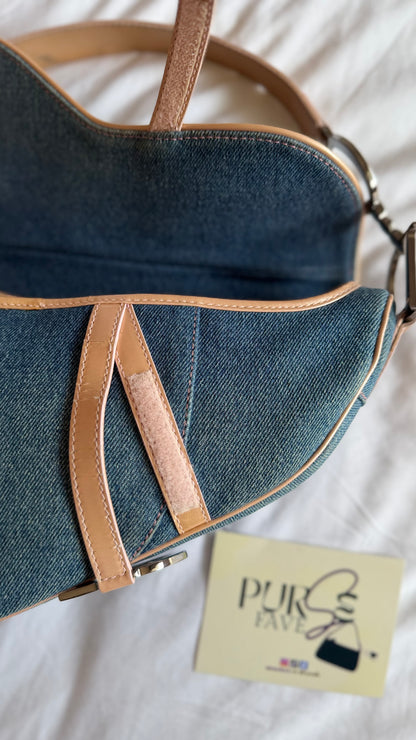 Authentic Vintage Christian Dior Light Blue Denim with Pocket Saddle Shoulder Bag