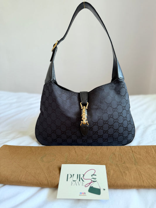 Authentic GUCCI Jackie 1961 Medium Black GG Monogram Canvas Hobo Shoulder Bag