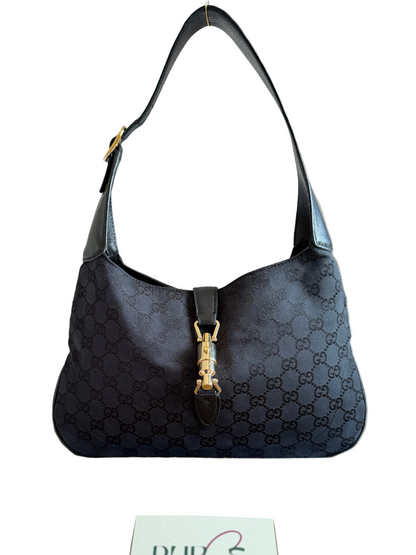 Authentic GUCCI Jackie 1961 Medium Black GG Monogram Canvas Hobo Shoulder Bag