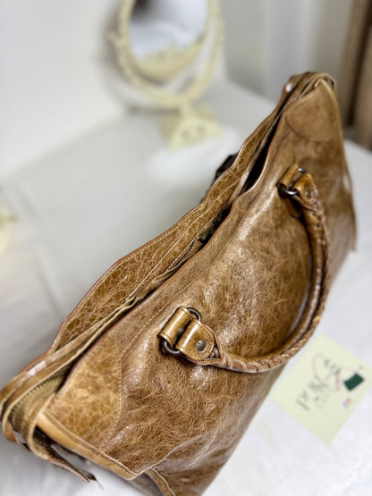 Authentic BALENCIAGA Motocross Classic City Glazed Brown Lambskin Leather Bag
