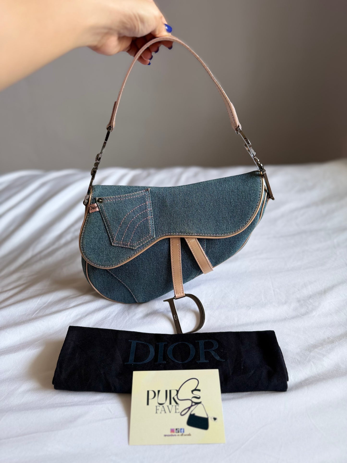 Authentic Vintage Christian Dior Light Blue Denim with Pocket Saddle Shoulder Bag