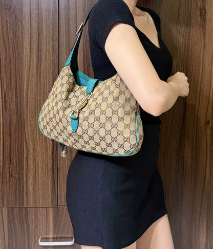 Authentic GUCCI Jackie 1961 Medium Beige GG Canvas x Teal Leather Trims Hobo Shoulder Bag