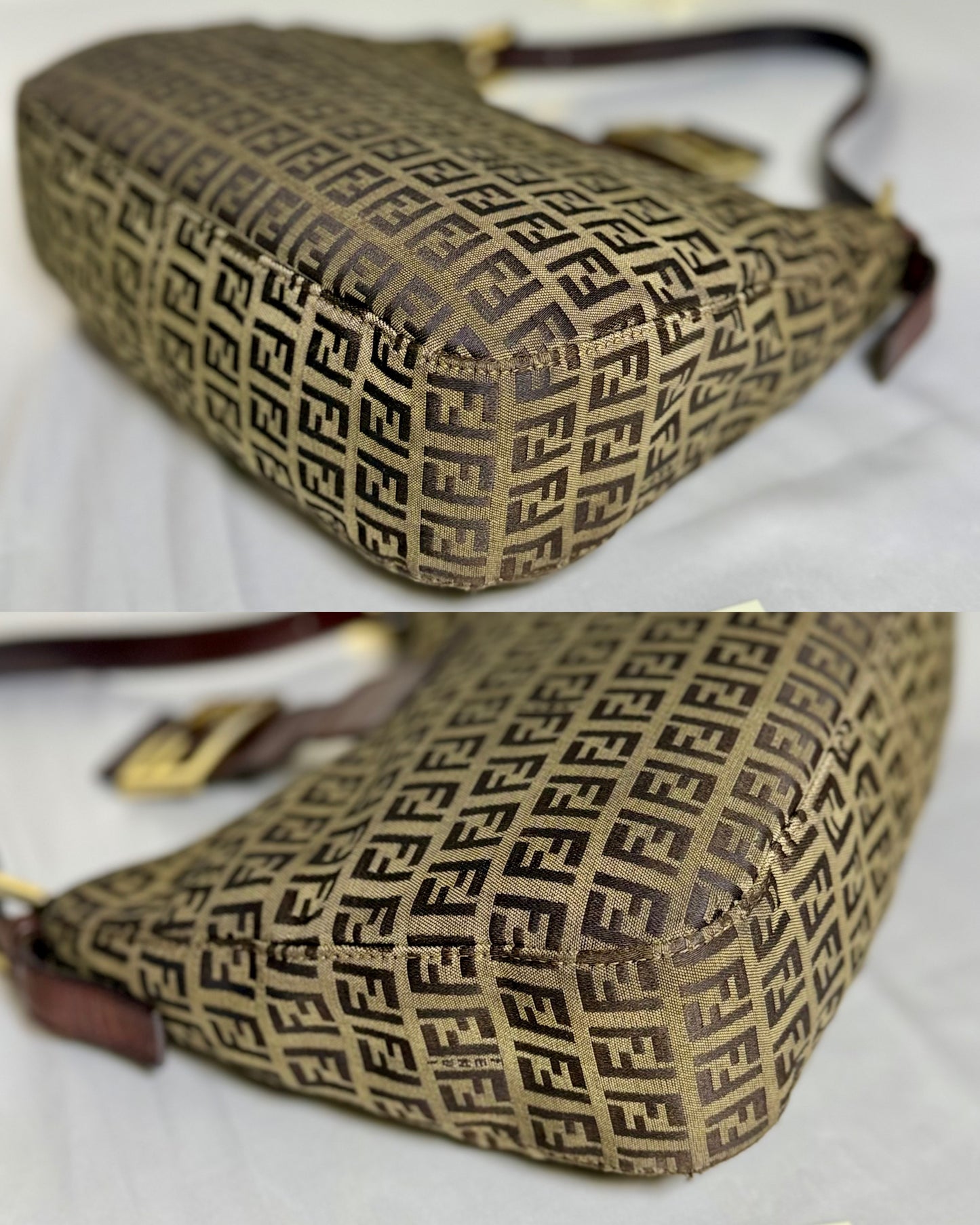 Authentic FENDI Beige / Brown Zucchino Canvas Hobo Trimmed Mamma Baguette Shoulder Bag
