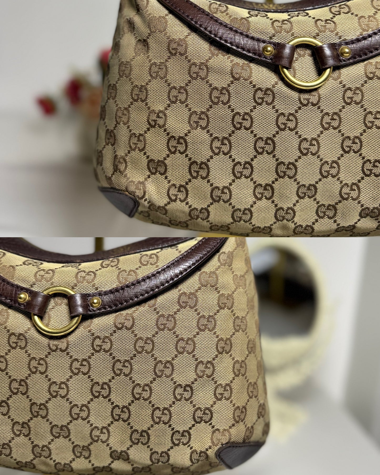 Authentic GUCCI Horsebit GG Canvas Brown Hobo Shoulder Bag