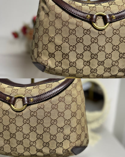 Authentic GUCCI Horsebit GG Canvas Brown Hobo Shoulder Bag