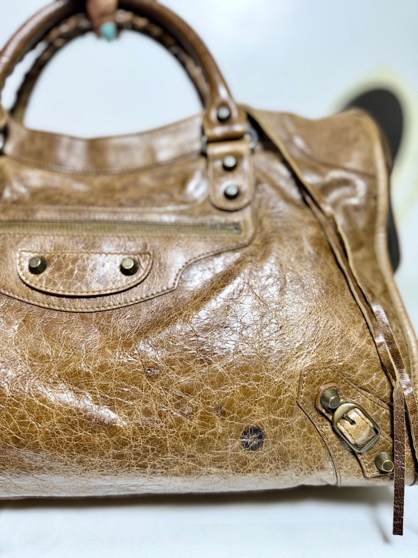 Authentic BALENCIAGA Motocross Classic City Glazed Brown Lambskin Leather Bag