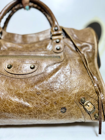 Authentic BALENCIAGA Motocross Classic City Glazed Brown Lambskin Leather Bag