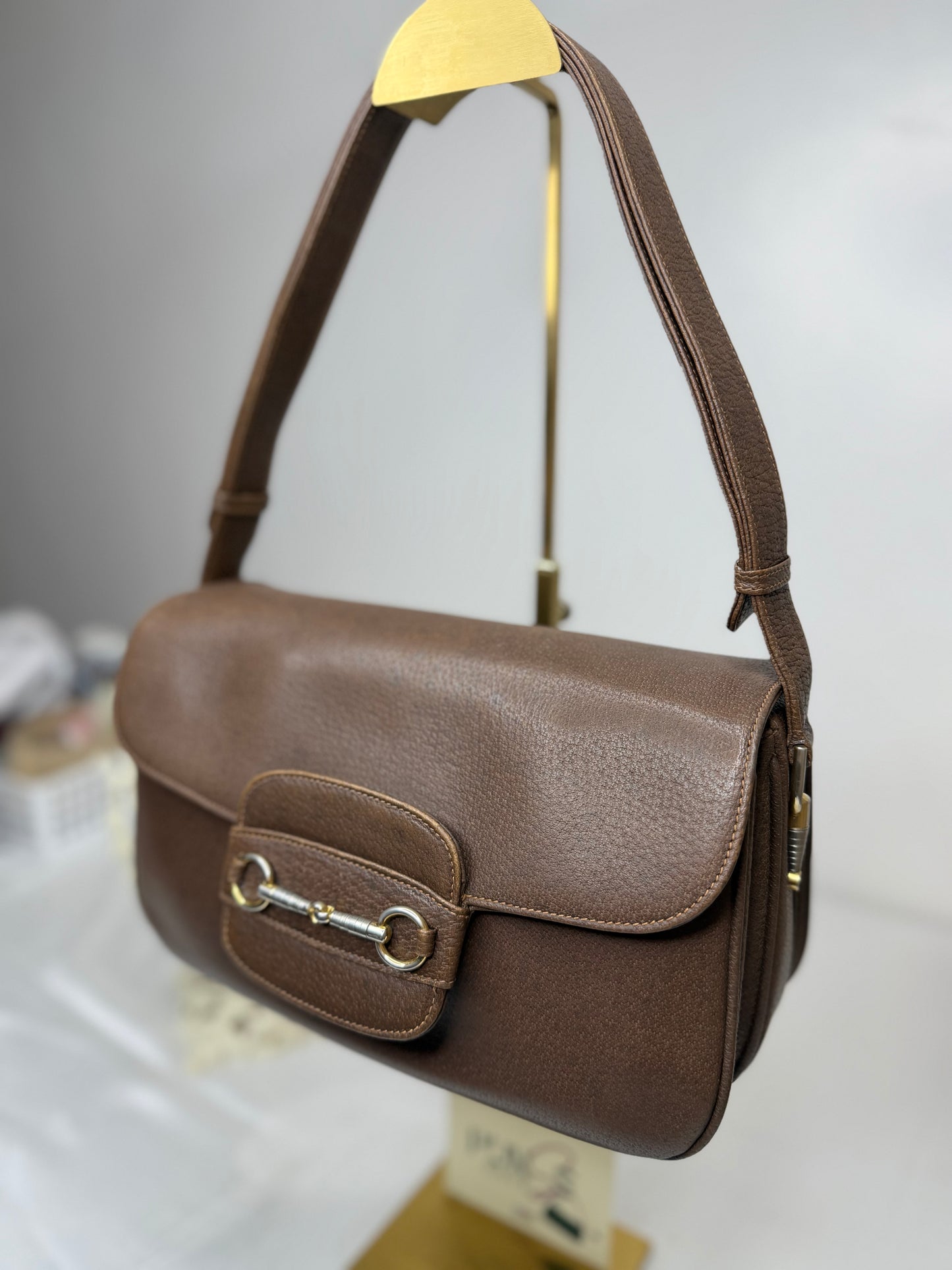 Authentic GUCCI 1955 Vintage Horsebit Shoulder & Crossbody Bag Brown Grained Leather | Mixed Gold & Silver Hardware