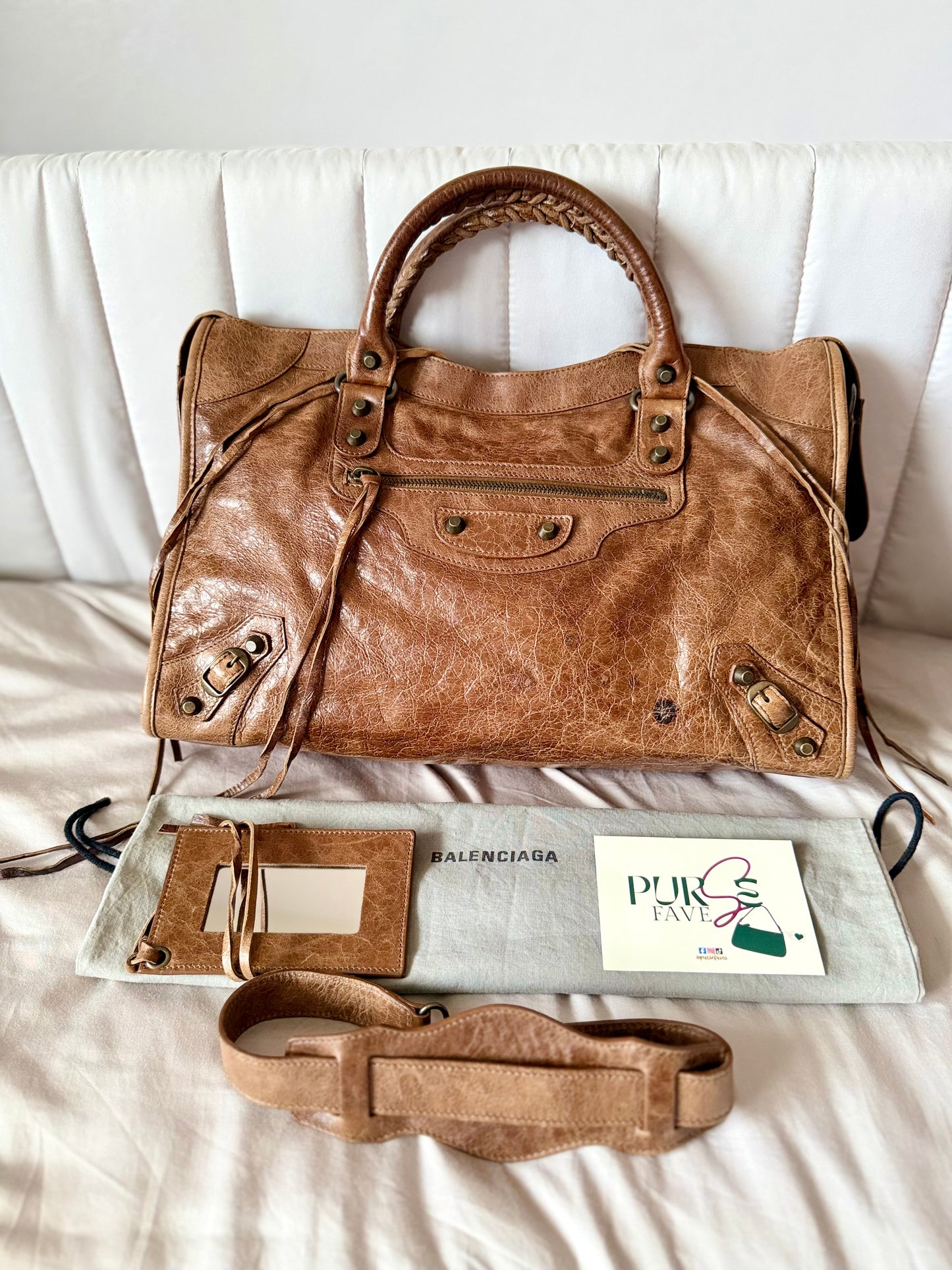 Authentic BALENCIAGA Motocross Classic City Glazed Brown Lambskin Leather Bag