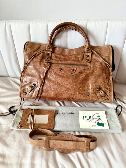 Authentic BALENCIAGA Motocross Classic City Glazed Brown Lambskin Leather Bag