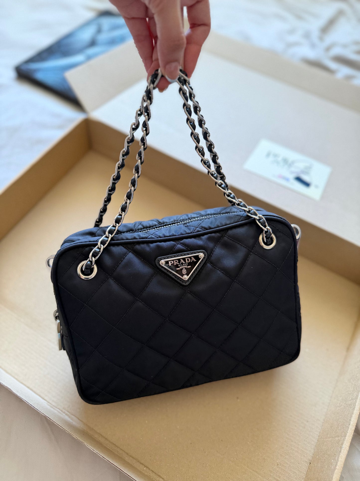 Authentic PRADA Nylon Tessuto Impuntu Quilted Black Bandoliera Mini Top Handle Bag
