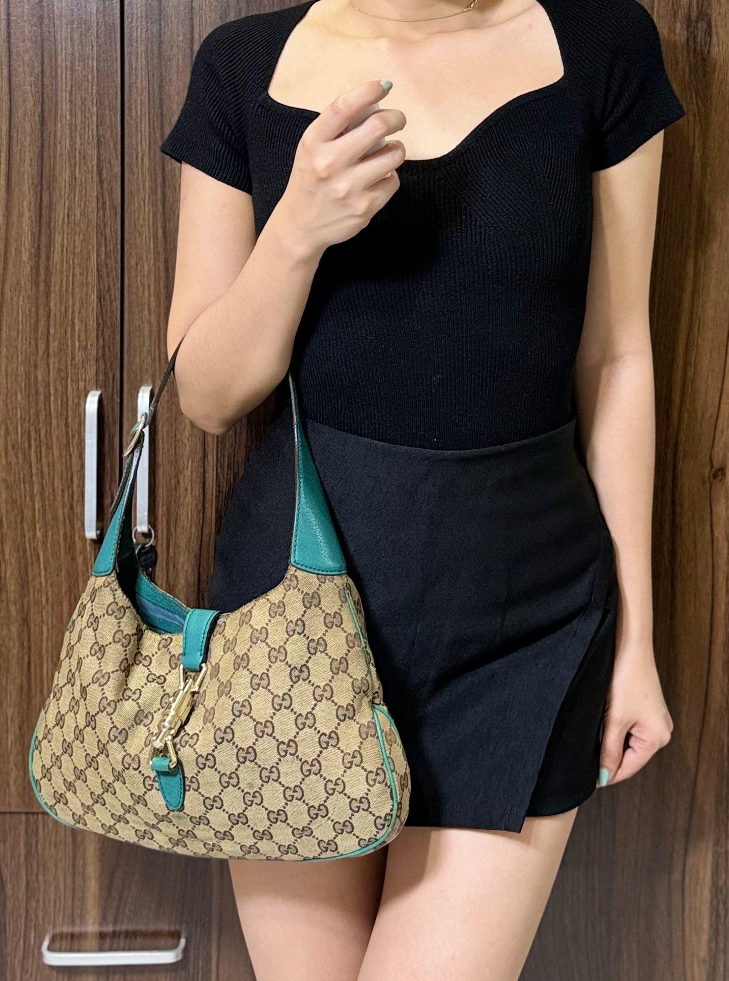 Authentic GUCCI Jackie 1961 Medium Beige GG Canvas x Teal Leather Trims Hobo Shoulder Bag