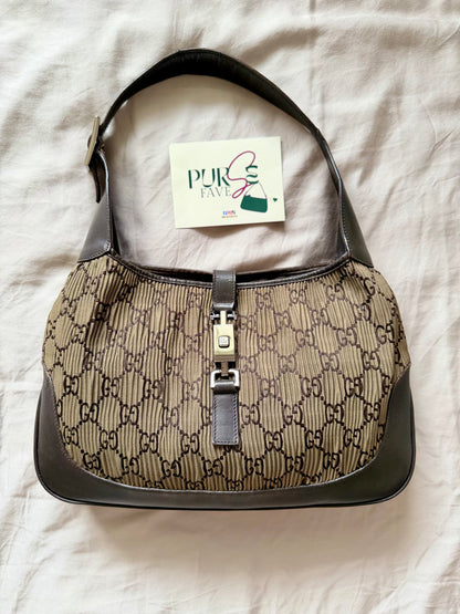 Authentic GUCCI Jackie Vintage Monogram Khaki x Dark Brown Satin Ruched / Pleated Hobo Shoulder Bag (Rare/Limited)